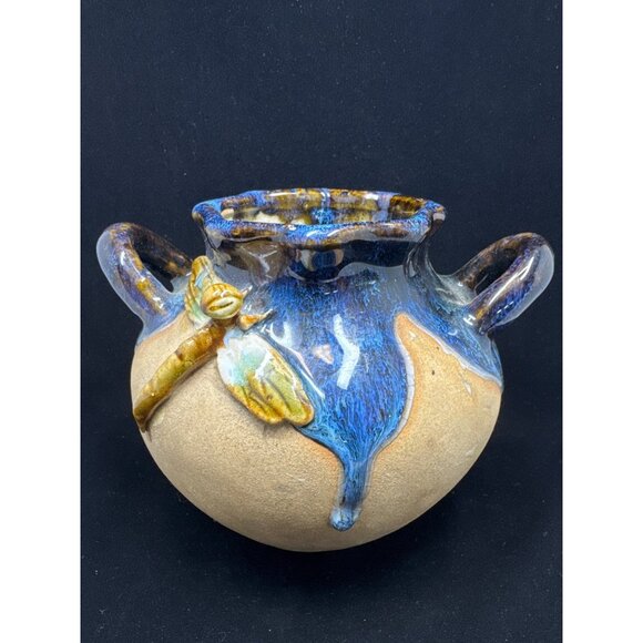 Vintage Art Pottery Vase Blue Drip Glaze w/ Dragonfly Design Handles Home Decor - Picture 5 of 10